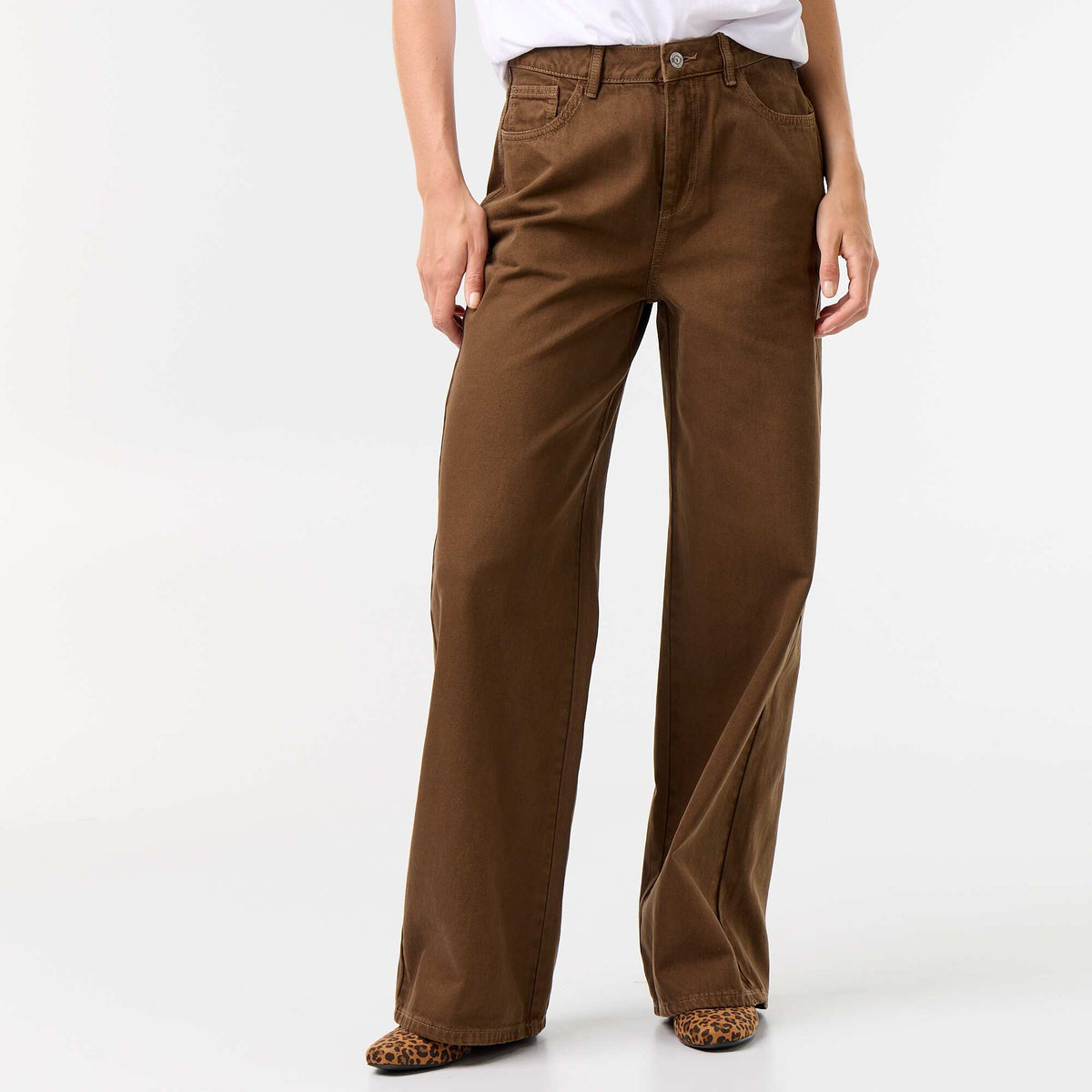 High-waisted wide-leg twill pants BROWN
