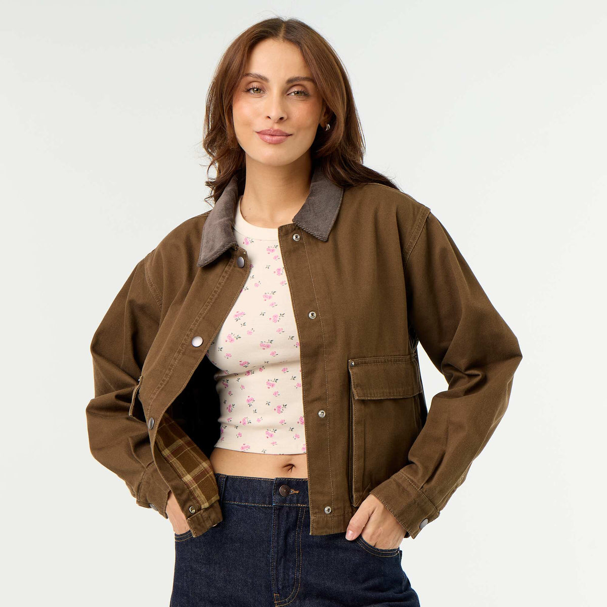 Denim workwear jacket with velvet collar BROWN