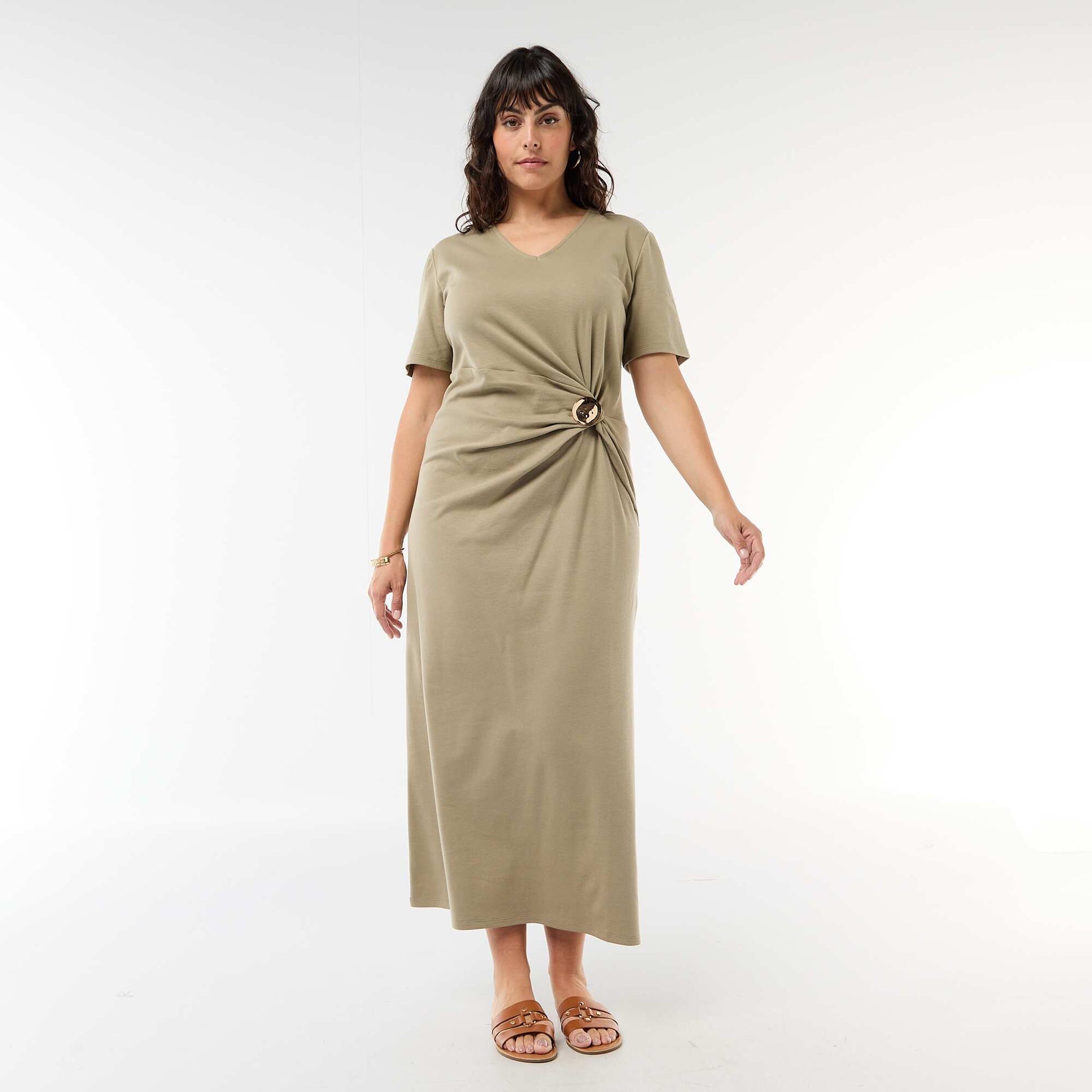 Pleated Maxi Dress with Hammered Gold Detail GREEN
