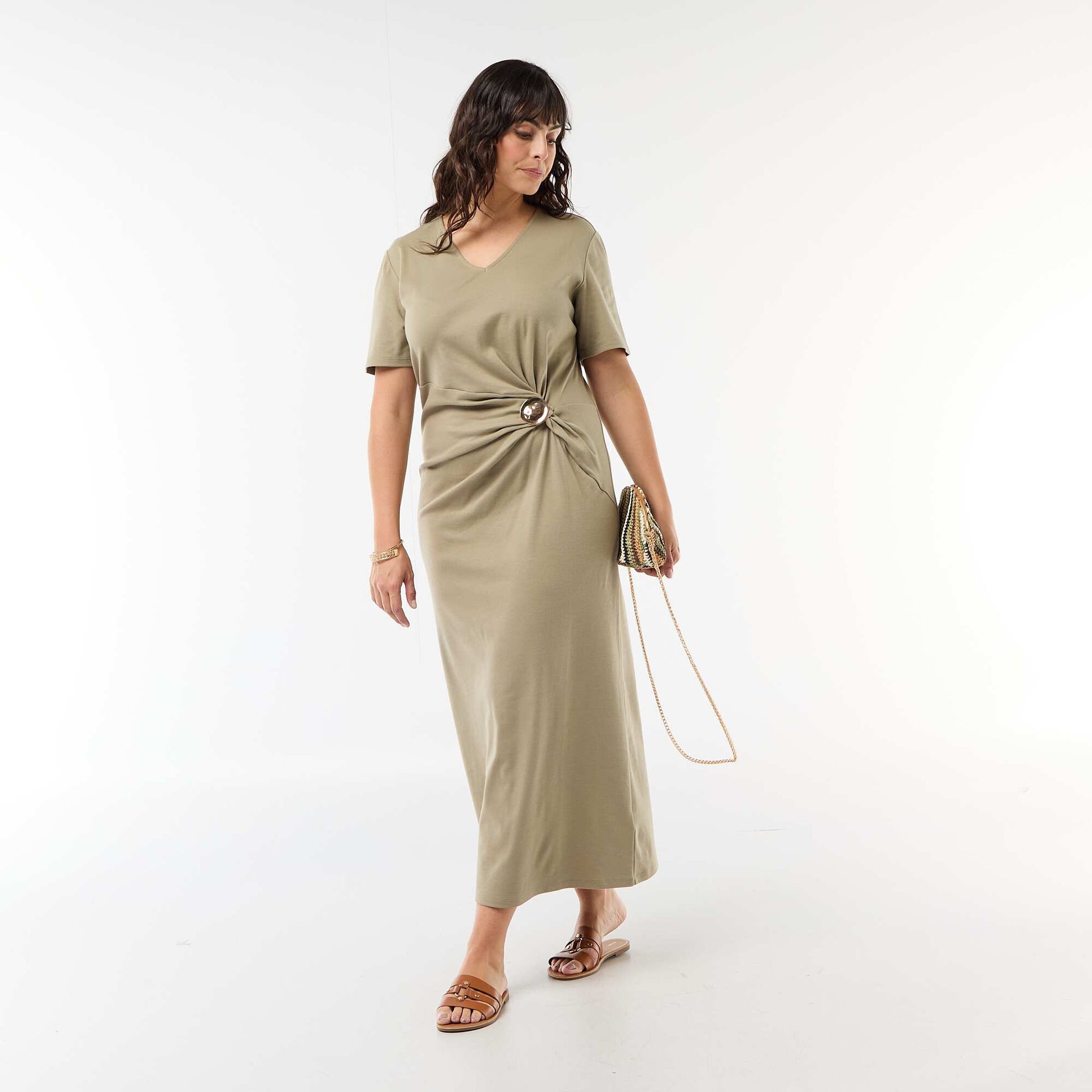 Pleated Maxi Dress with Hammered Gold Detail GREEN