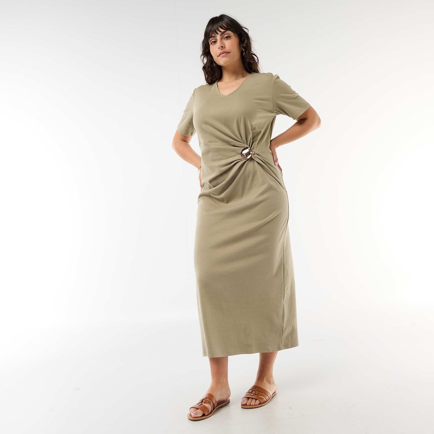 Pleated Maxi Dress with Hammered Gold Detail GREEN