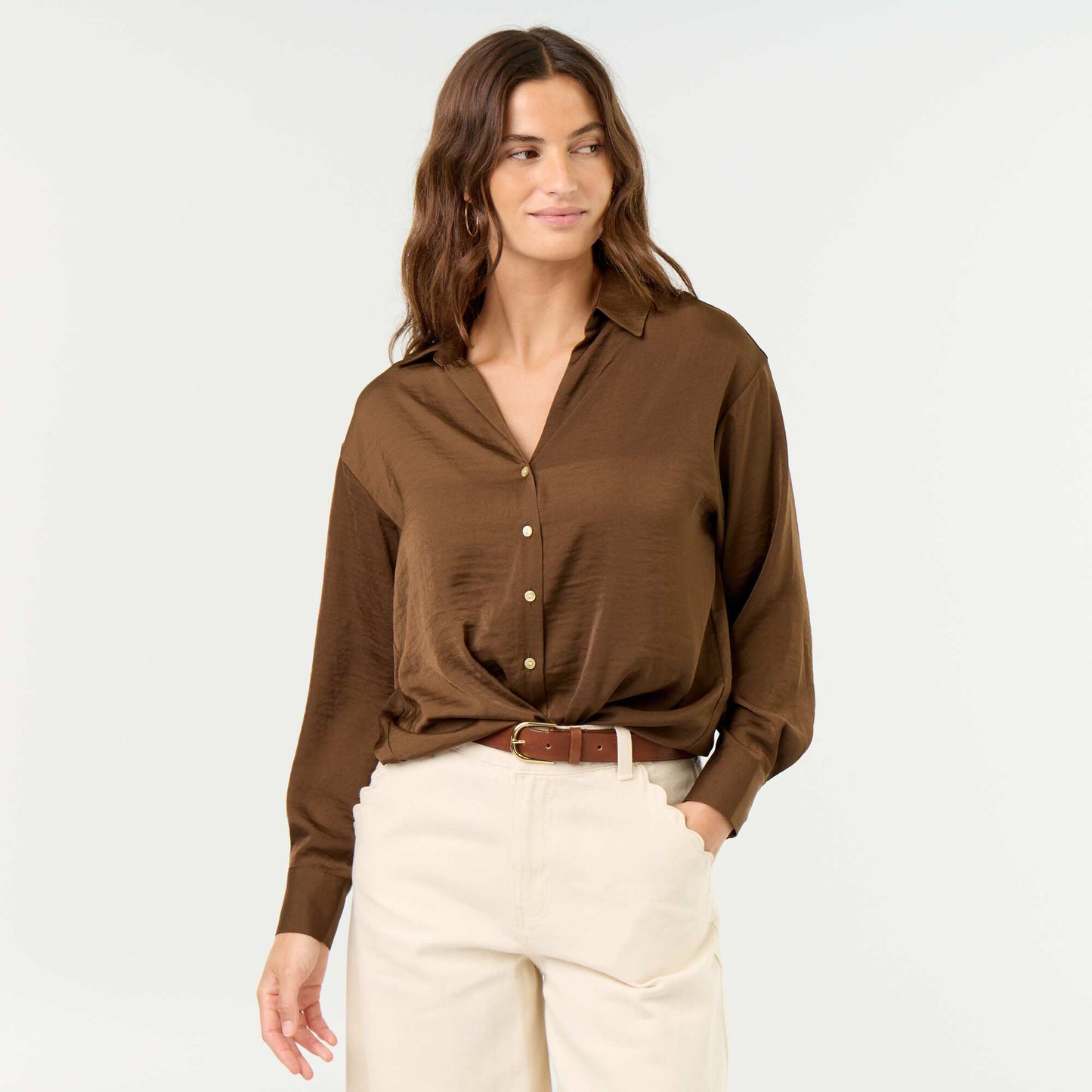 Solid Satin Blouse BROWN