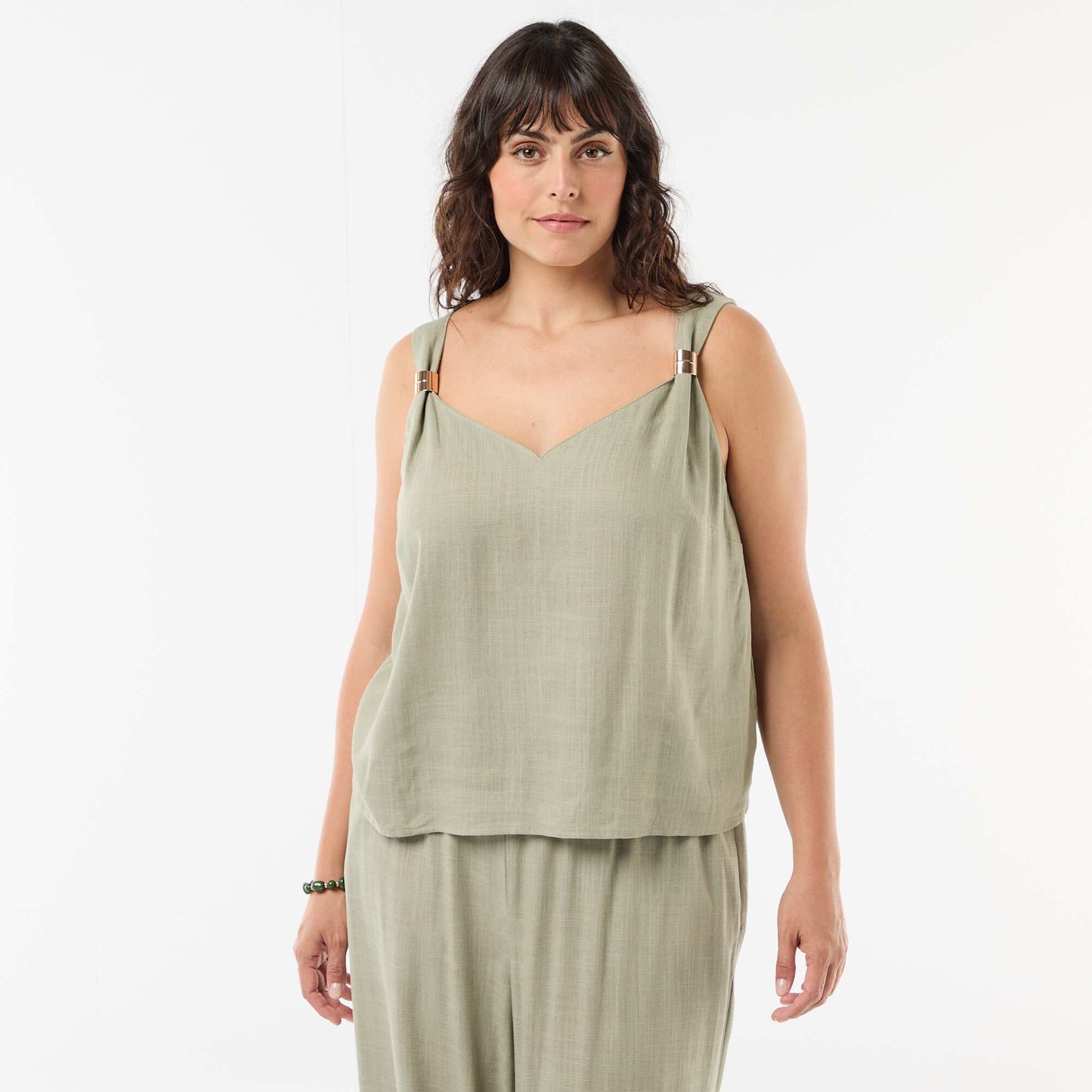Fluid linen blend top with gold embellishments GREEN
