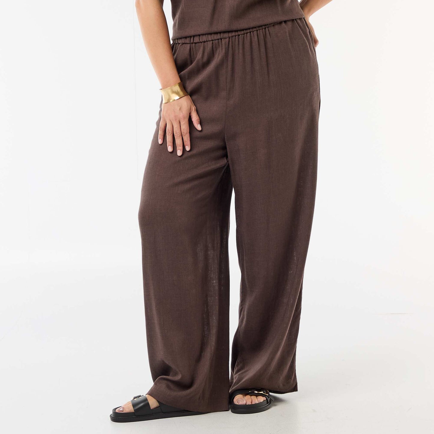 Wide-leg linen blend pants BROWN