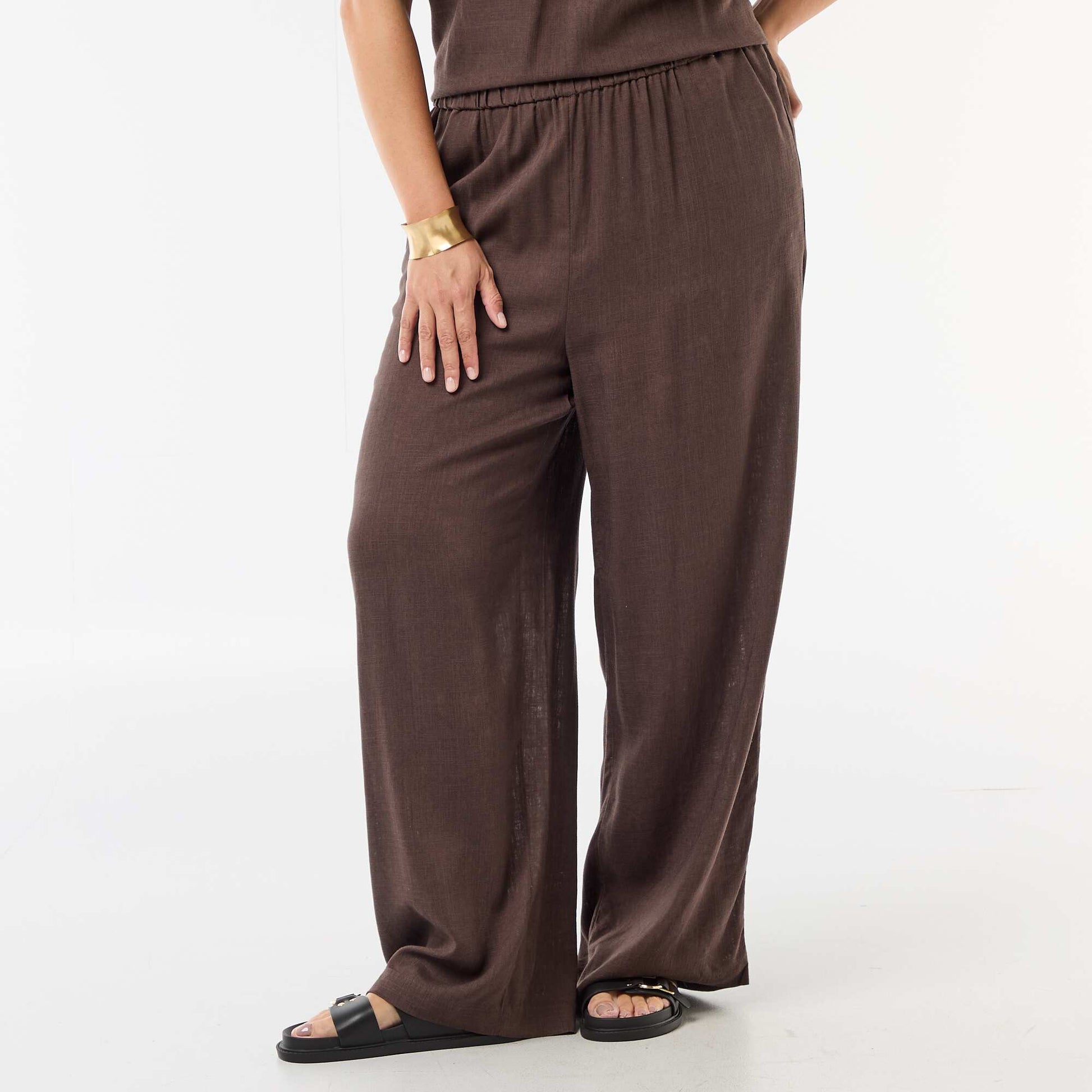 Wide-leg linen blend pants BROWN