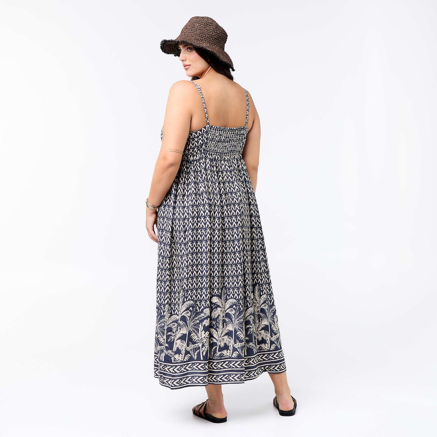 Patterned midi dress with thin adjustable straps GREY
