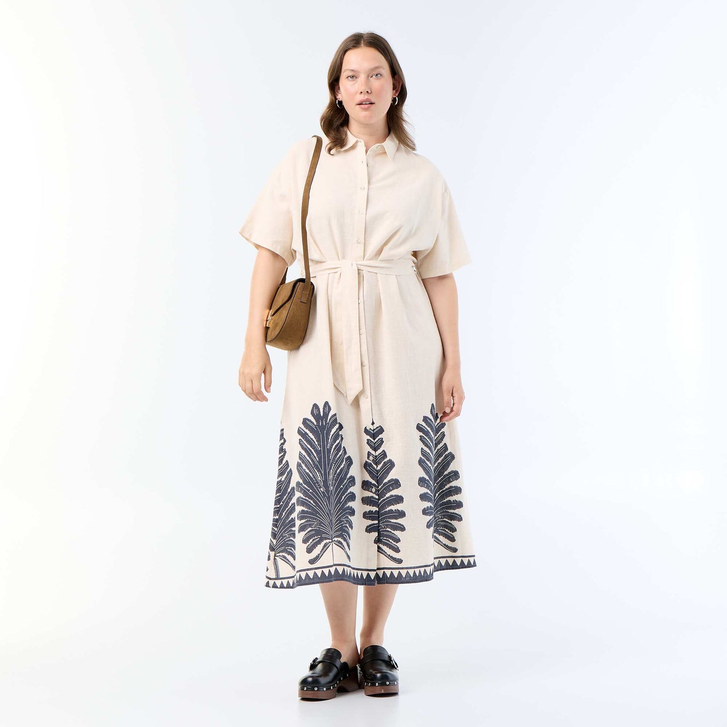 Short-Sleeved Long Shirt Dress BEIGE