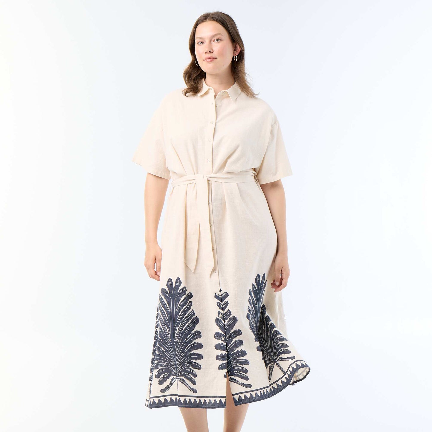 Short-Sleeved Long Shirt Dress BEIGE