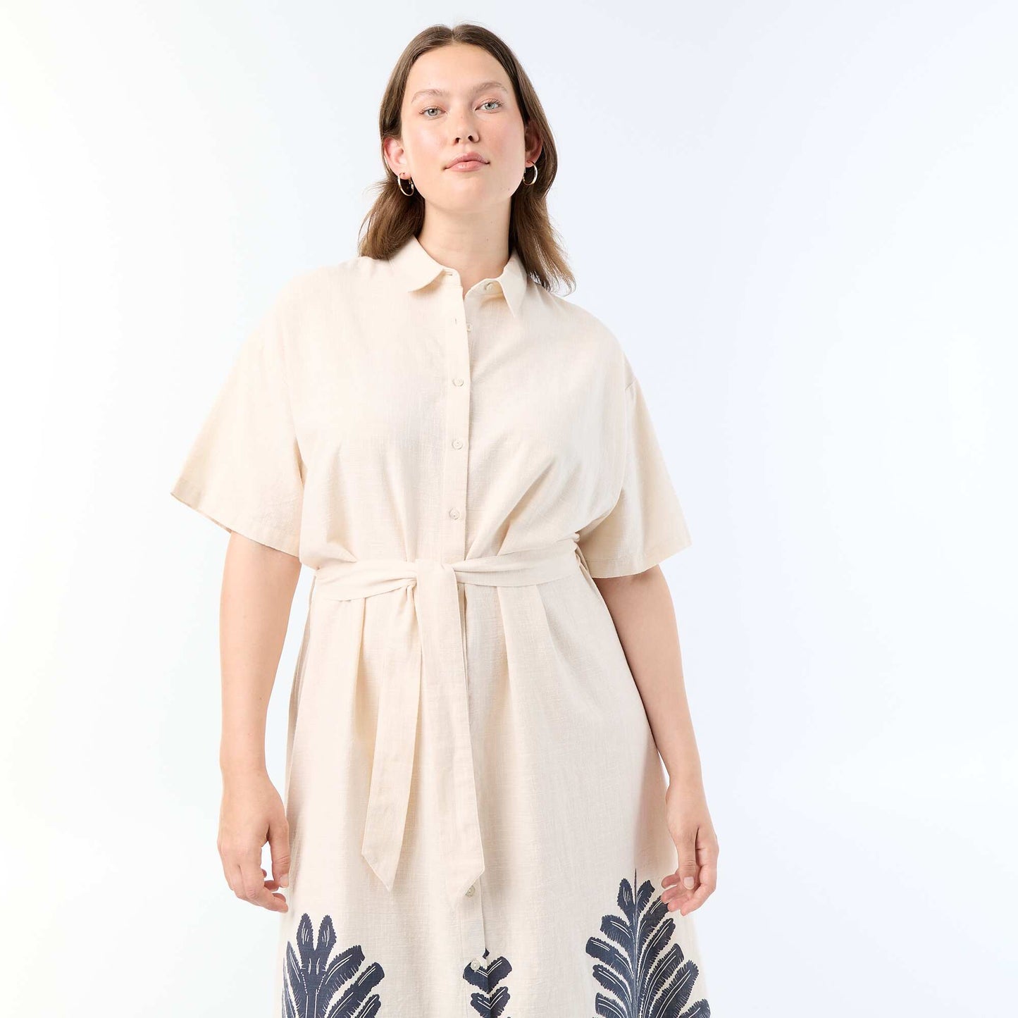 Short-Sleeved Long Shirt Dress BEIGE