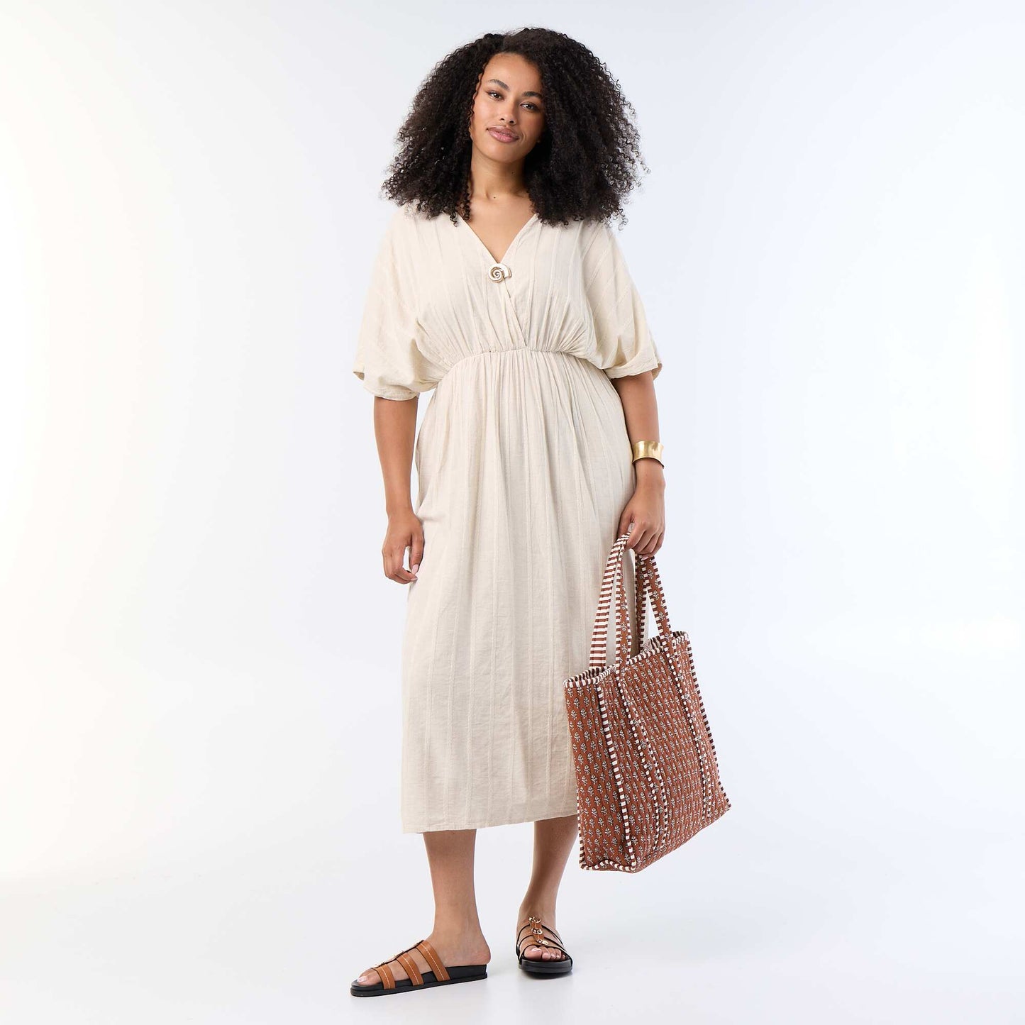 Long crossover-neck dress with decorative jewel BEIGE