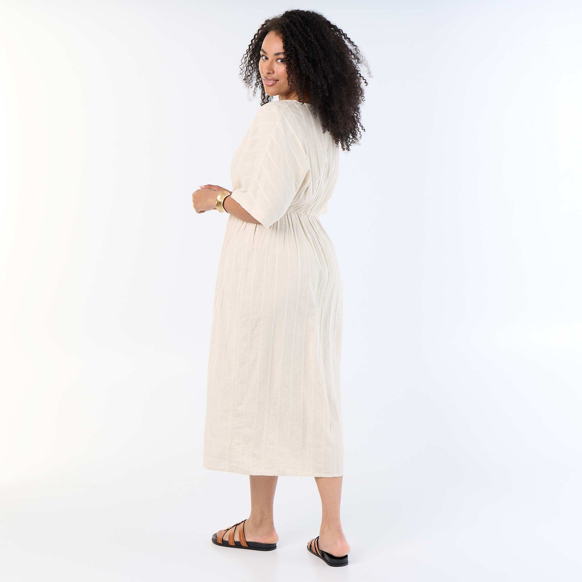 Long crossover-neck dress with decorative jewel BEIGE