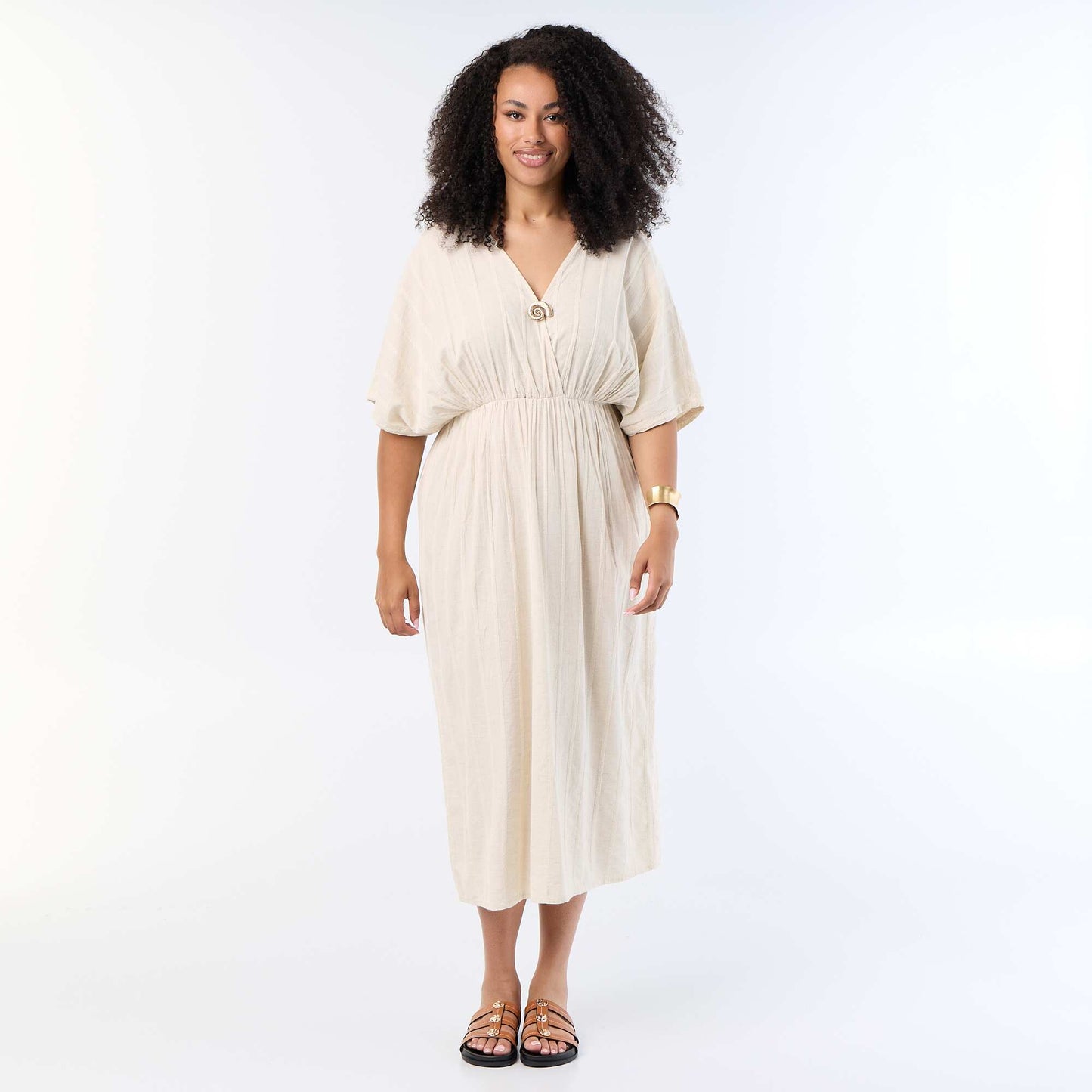 Long crossover-neck dress with decorative jewel BEIGE