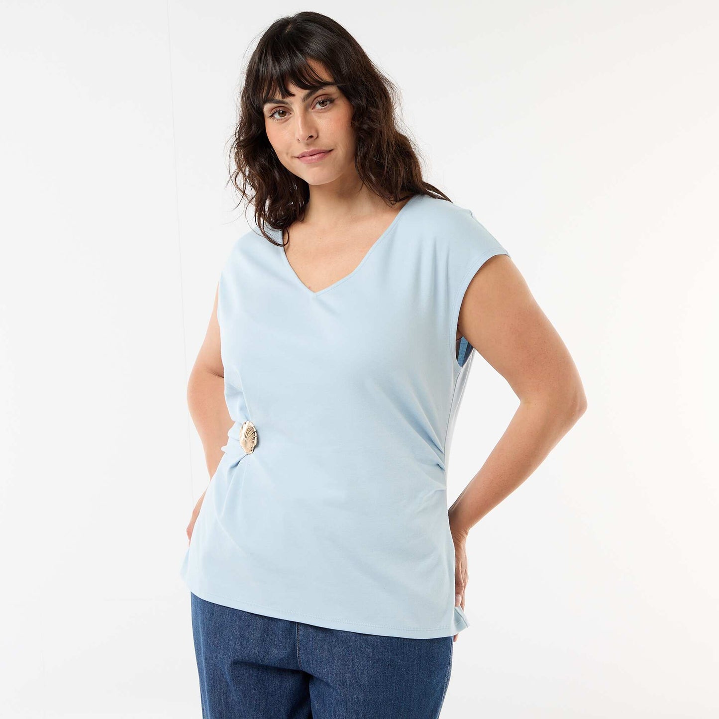Draped T-shirt with Gold Brooch Detail BLUE