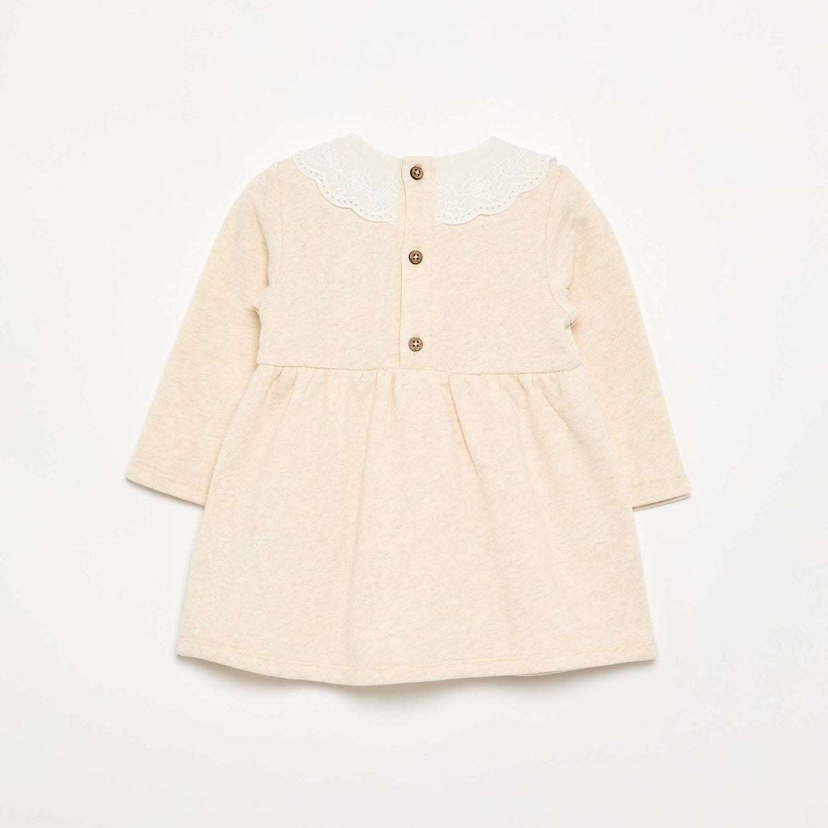 Long-sleeved fleece dress with embroidered collar BEIGE