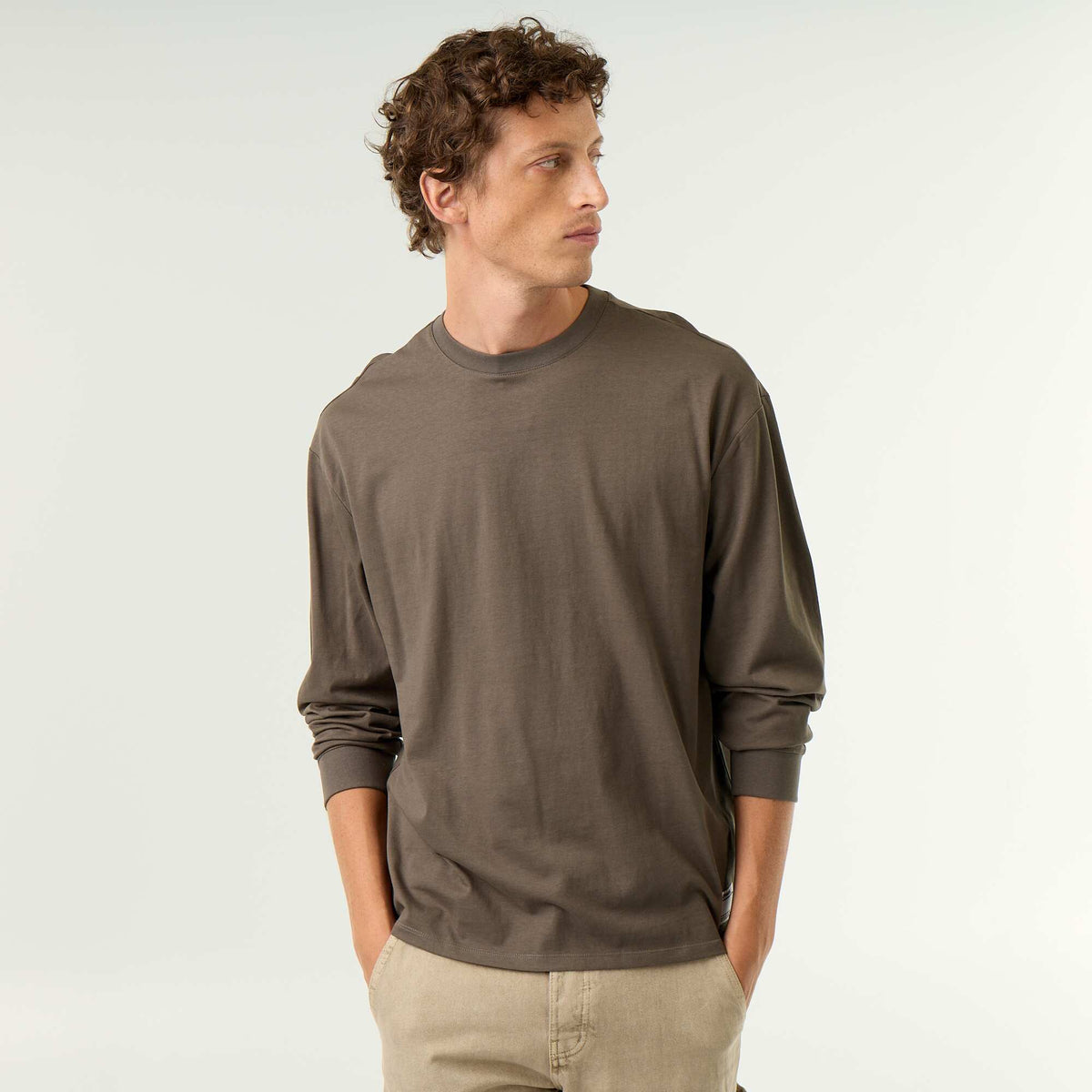 Long-sleeve crew neck cotton t-shirt KHAKI