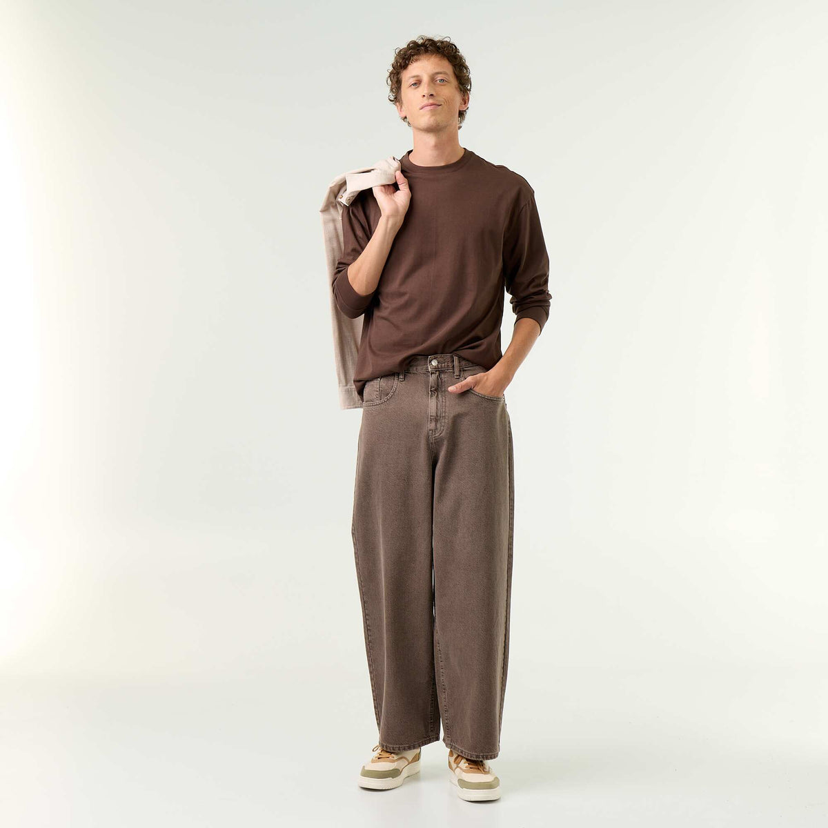 Long-sleeve crew neck cotton t-shirt BROWN