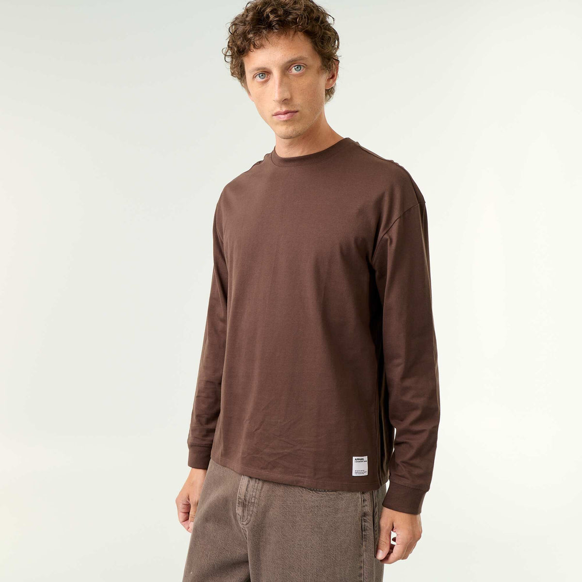 Long-sleeve crew neck cotton t-shirt BROWN