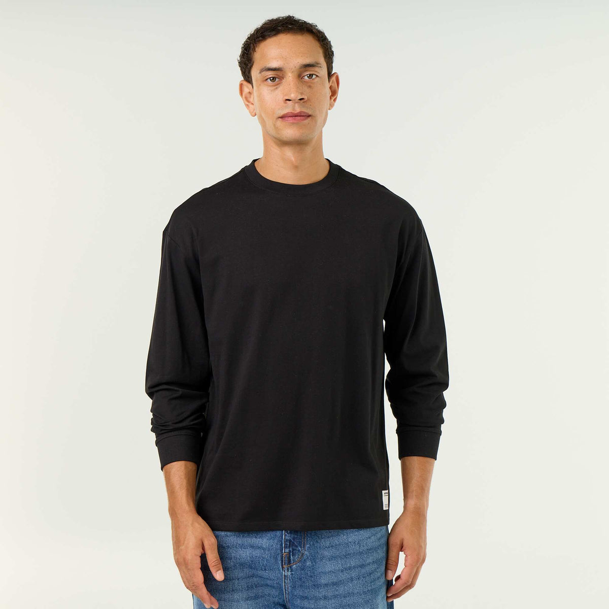 Long-sleeved round neck cotton t-shirt BLACK