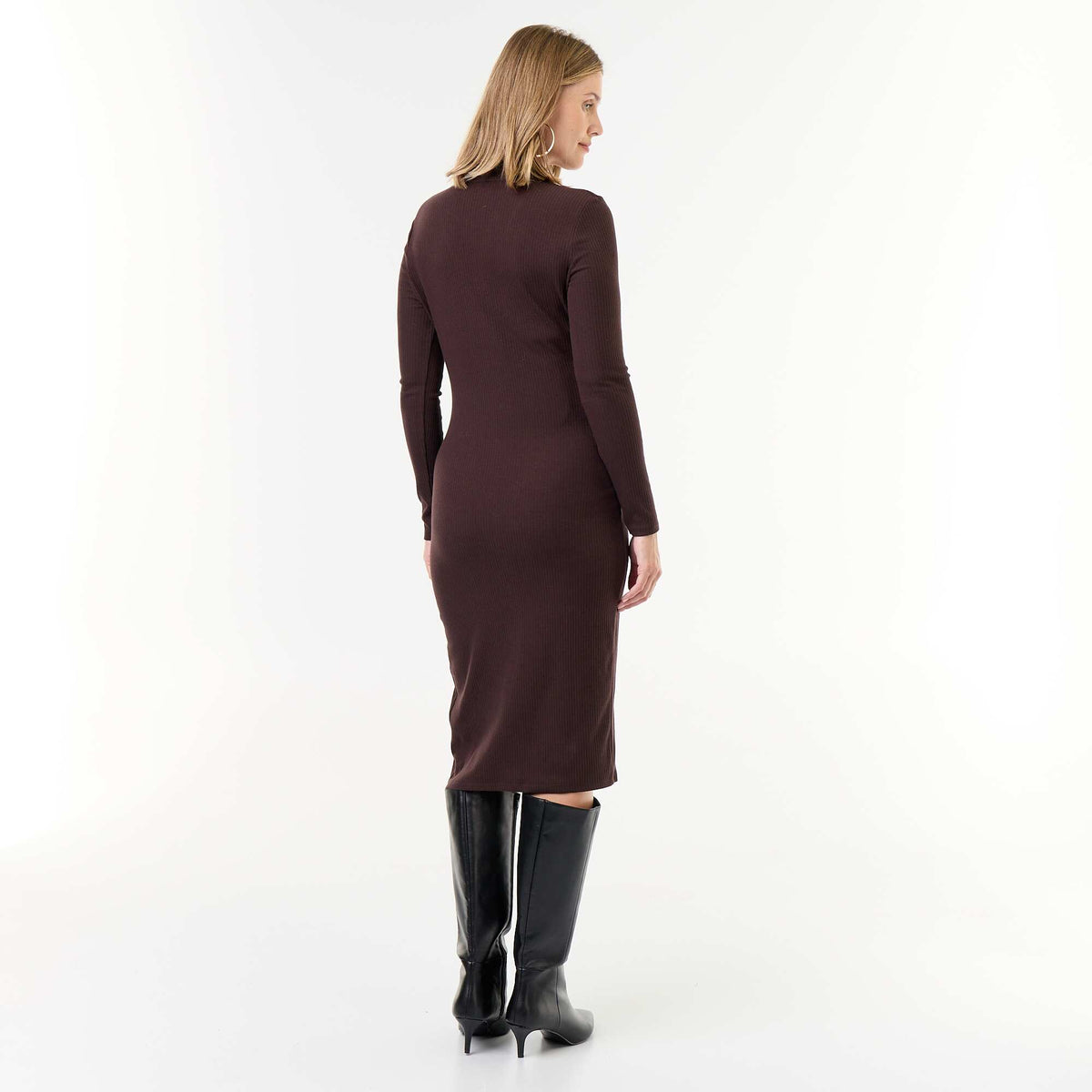 Rib-knit button-front cardigan dress BROWN