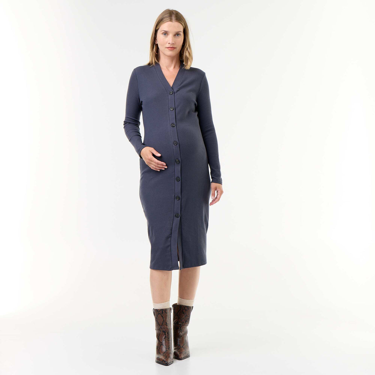 Rib-knit button-front cardigan dress BLUE