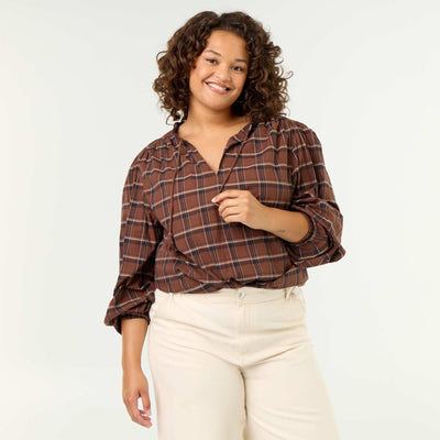 Checked Blouse with Tie-Neck BROWN