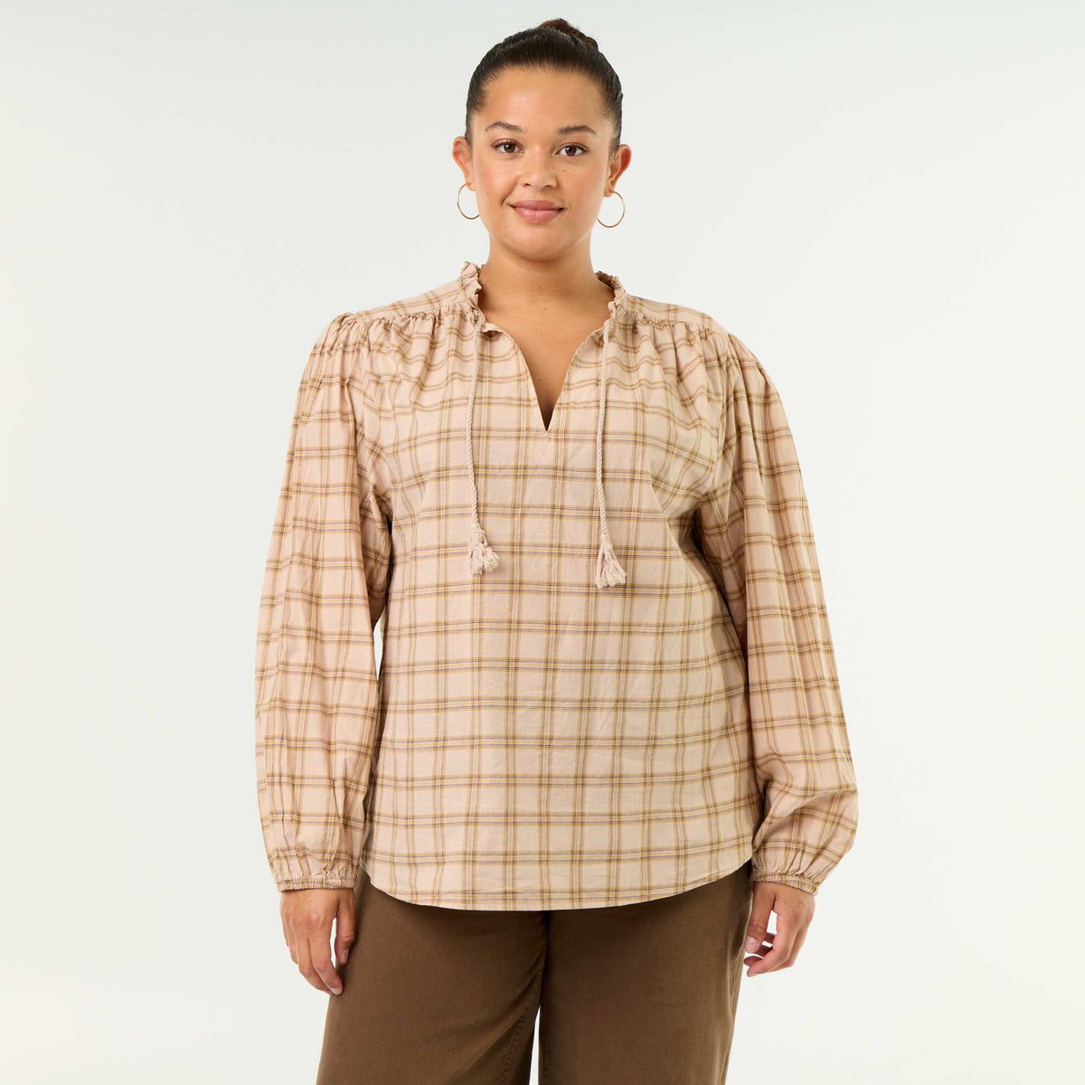 Checked Blouse with Tie-Neck BEIGE