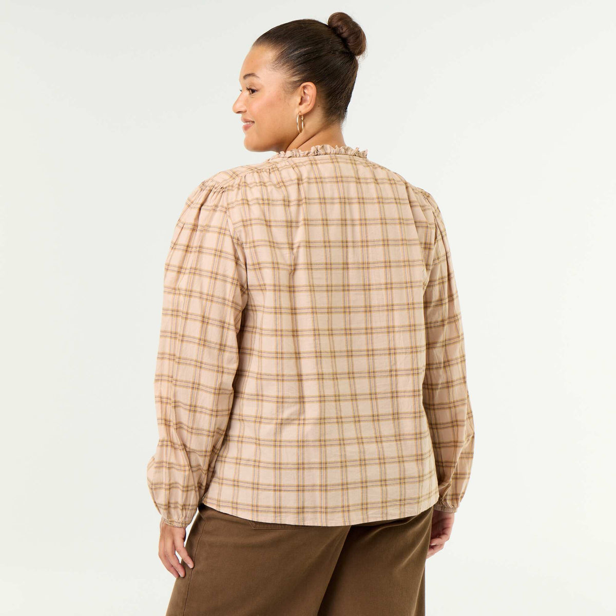 Checked Blouse with Tie-Neck BEIGE