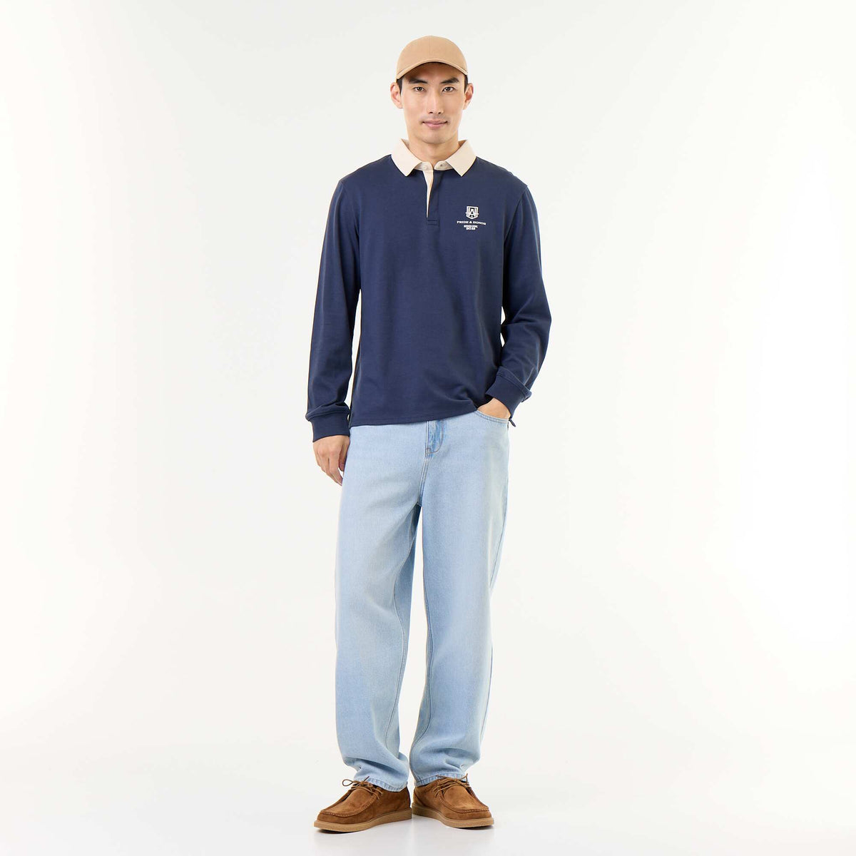 Rugby style polo with embroidered lettering BLUE