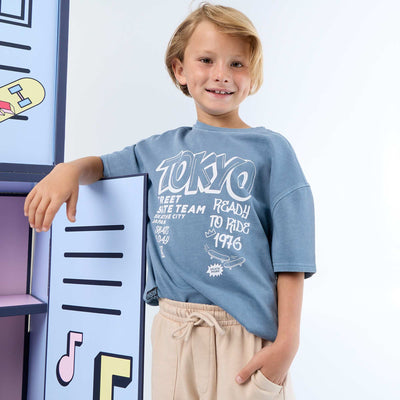 Short-sleeved vintage skate print T-shirt BLUE