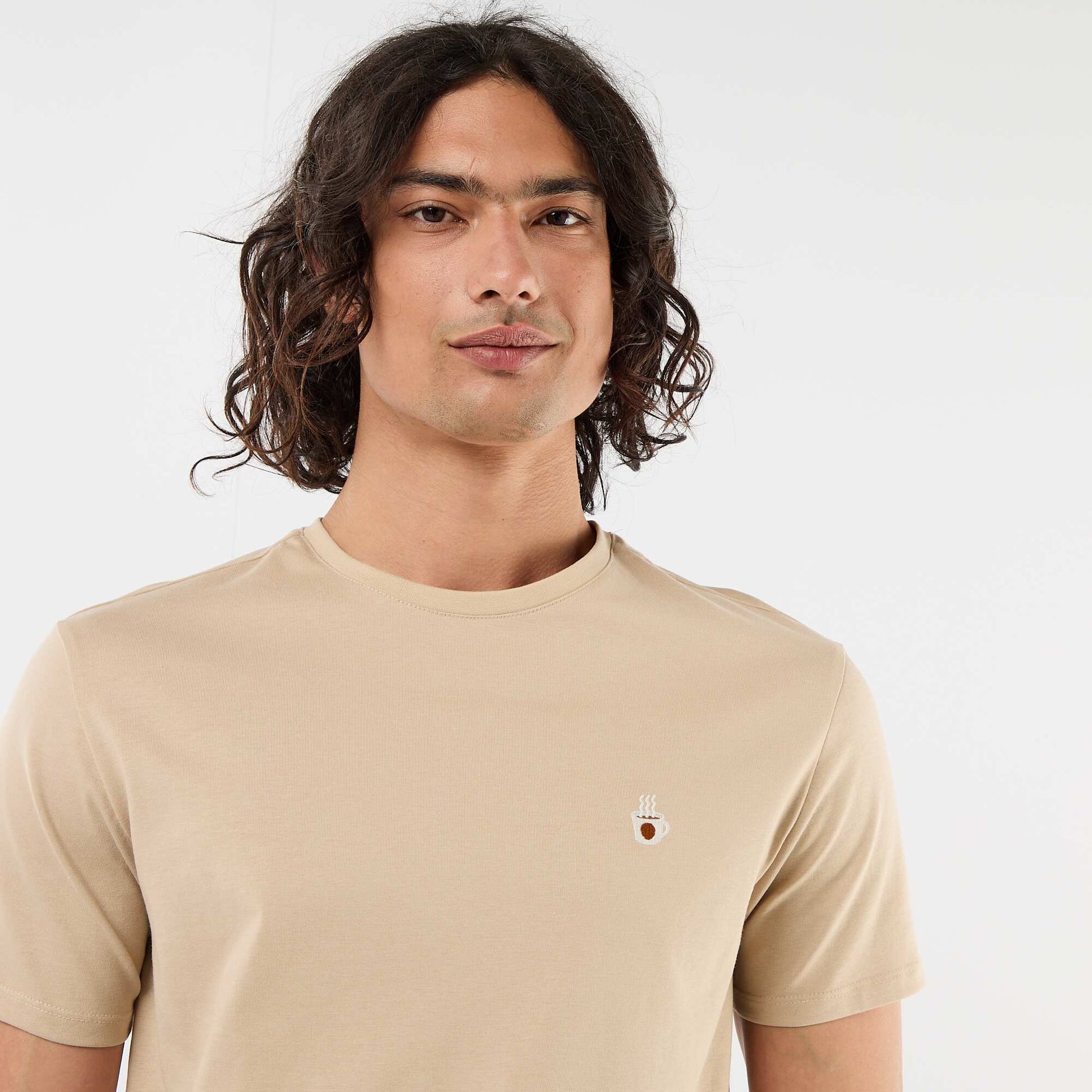 Plain short-sleeved T-shirt with embroidery BEIGE