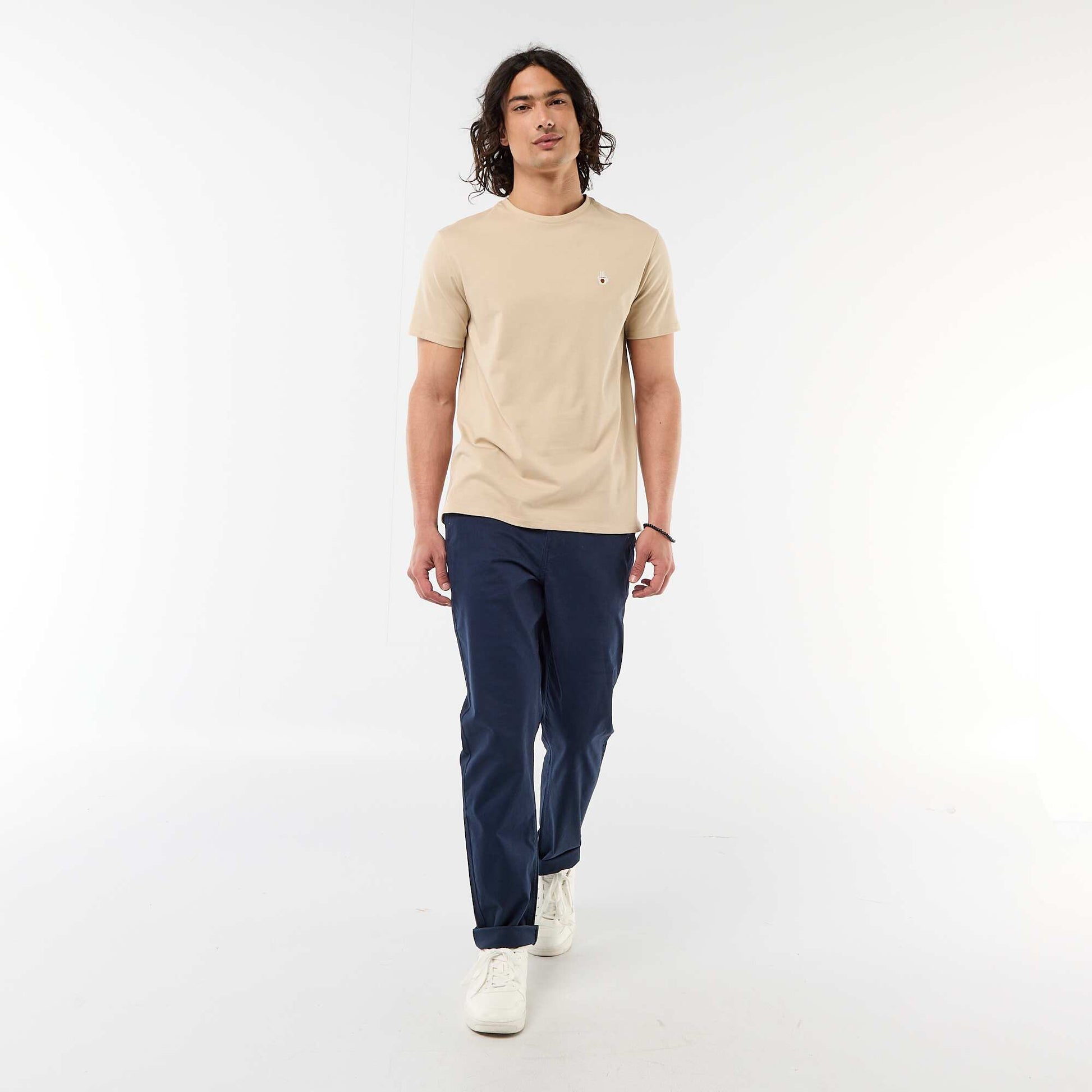 Plain short-sleeved T-shirt with embroidery BEIGE