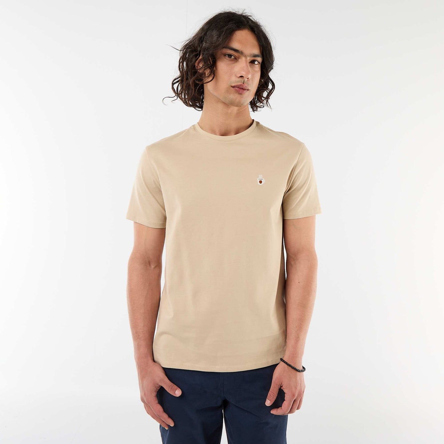 Plain short-sleeved T-shirt with embroidery BEIGE