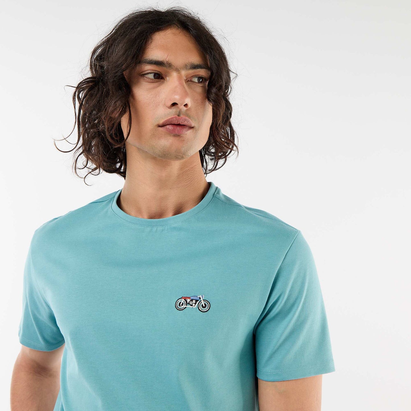 Plain short-sleeved T-shirt with embroidery BLUE