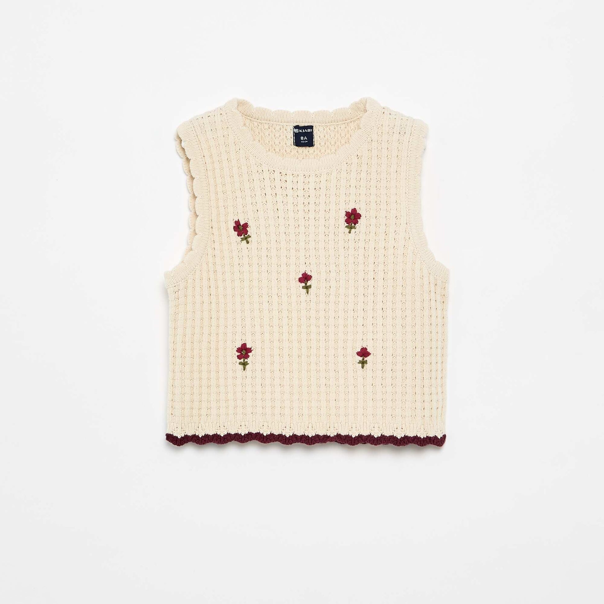 Sleeveless crochet T-shirt with embroidered details BEIGE