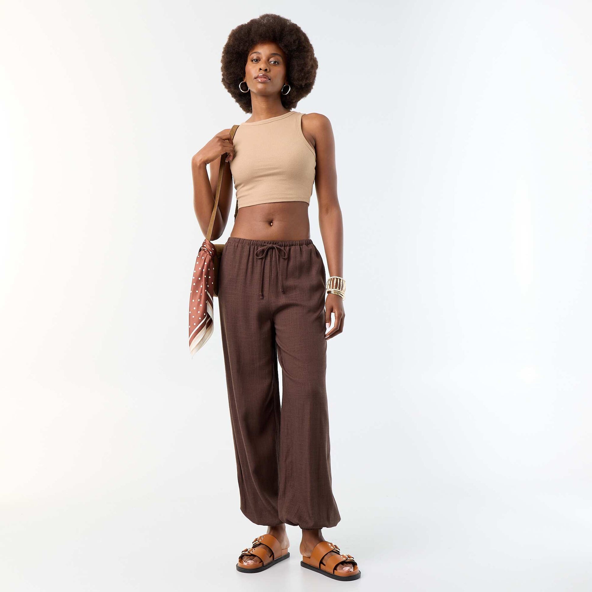 Solid Balloon Fit Pants with 2 Pockets BROWN