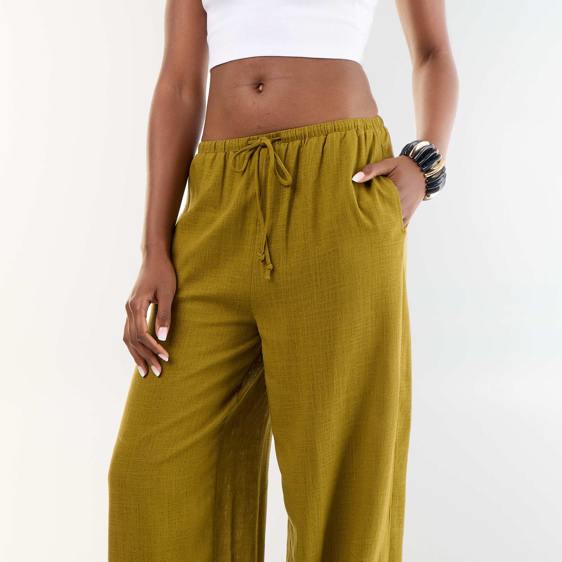 Solid Balloon Fit Pants with 2 Pockets GREEN
