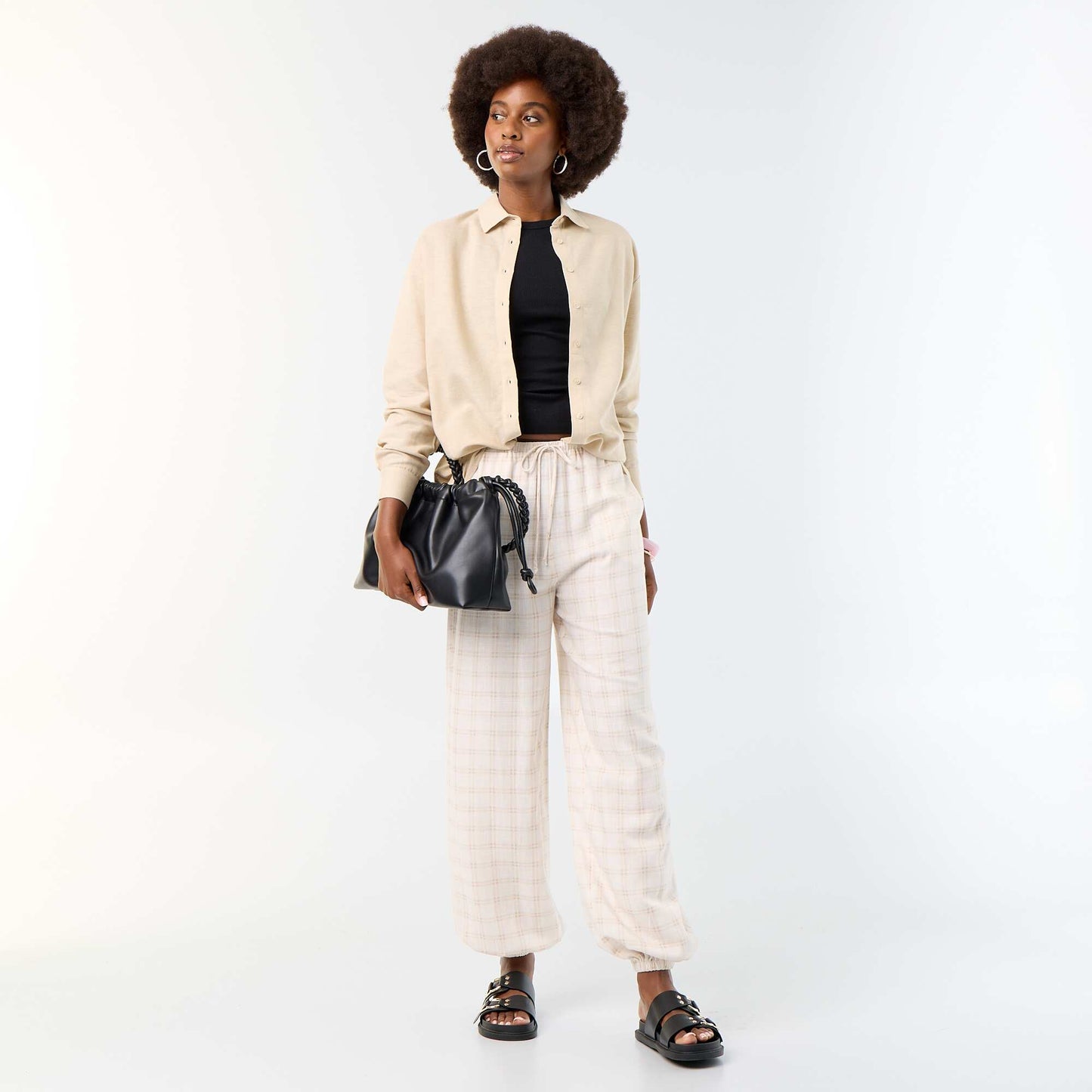 Solid Balloon Fit Pants with 2 Pockets BEIGE
