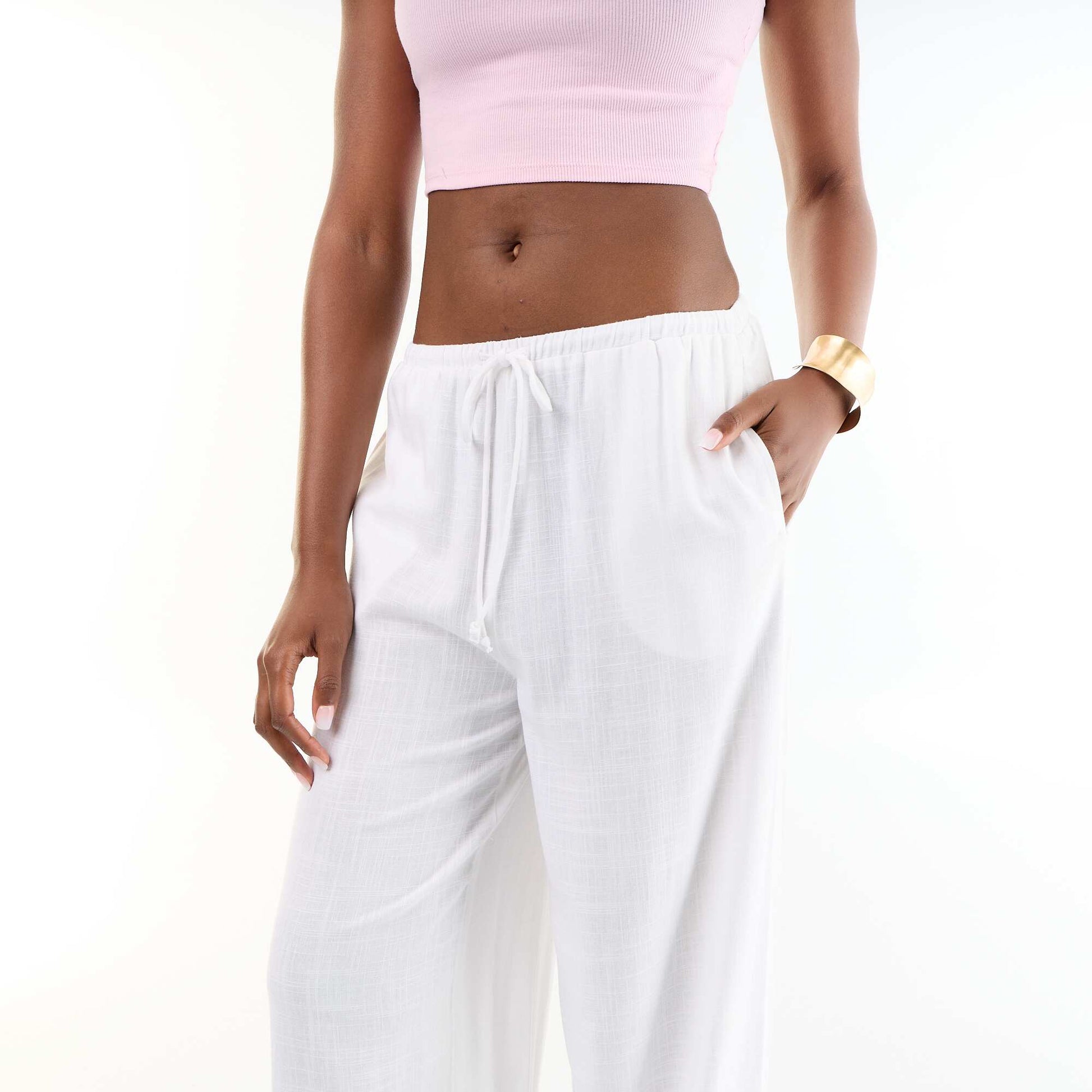 Solid Balloon Fit Pants with 2 Pockets WHITE