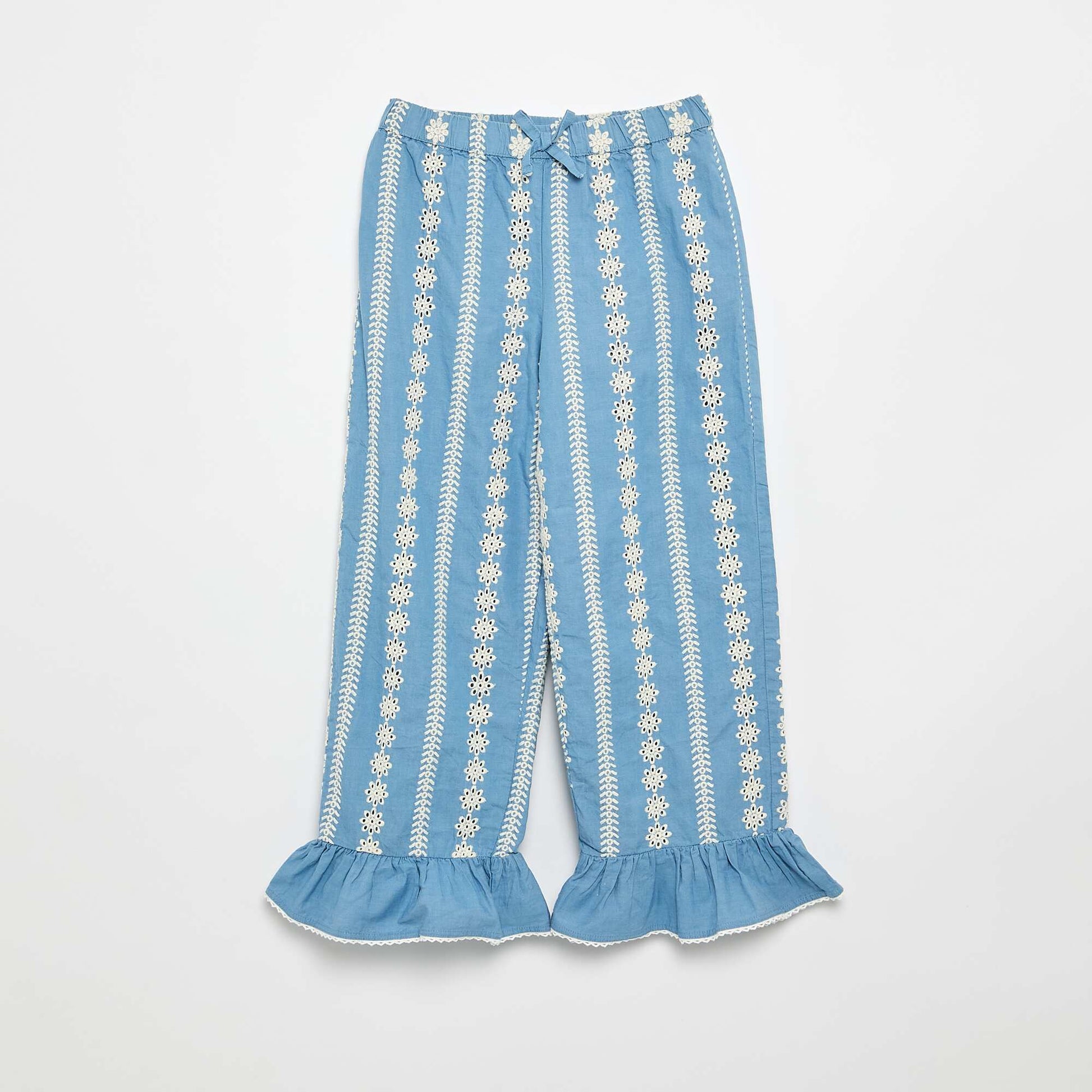 Wide-leg pants with broderie anglaise BLUE