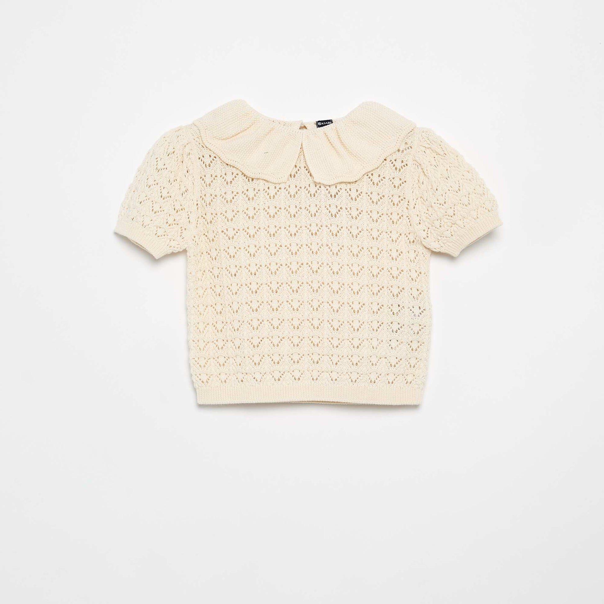Short-Sleeved Pointelle Sweater with Peter Pan Collar BEIGE