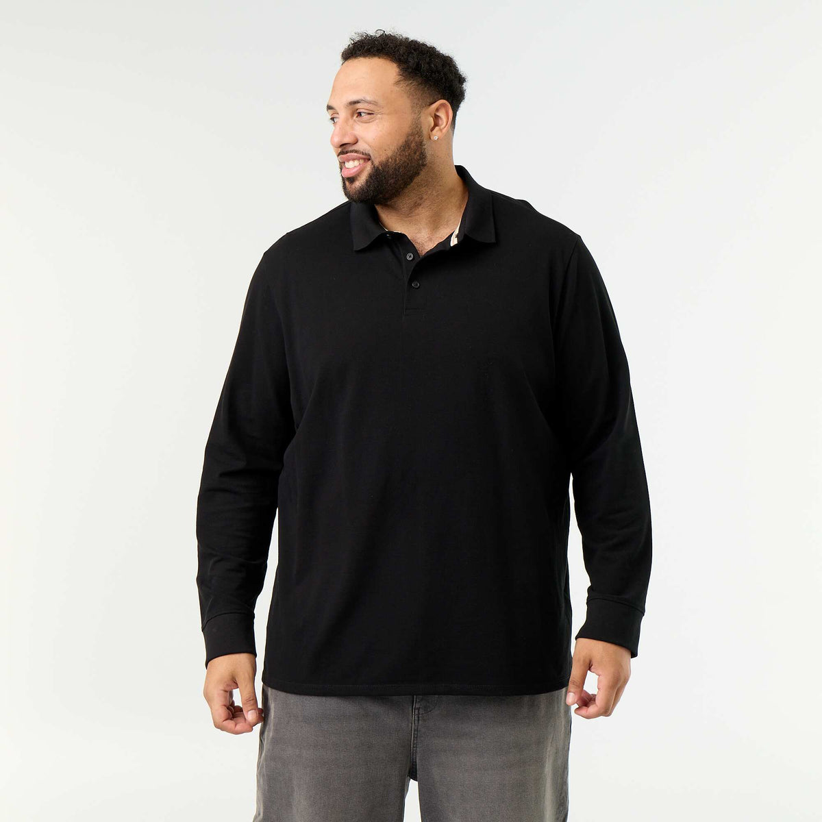 Long-sleeved pique knit polo BLACK