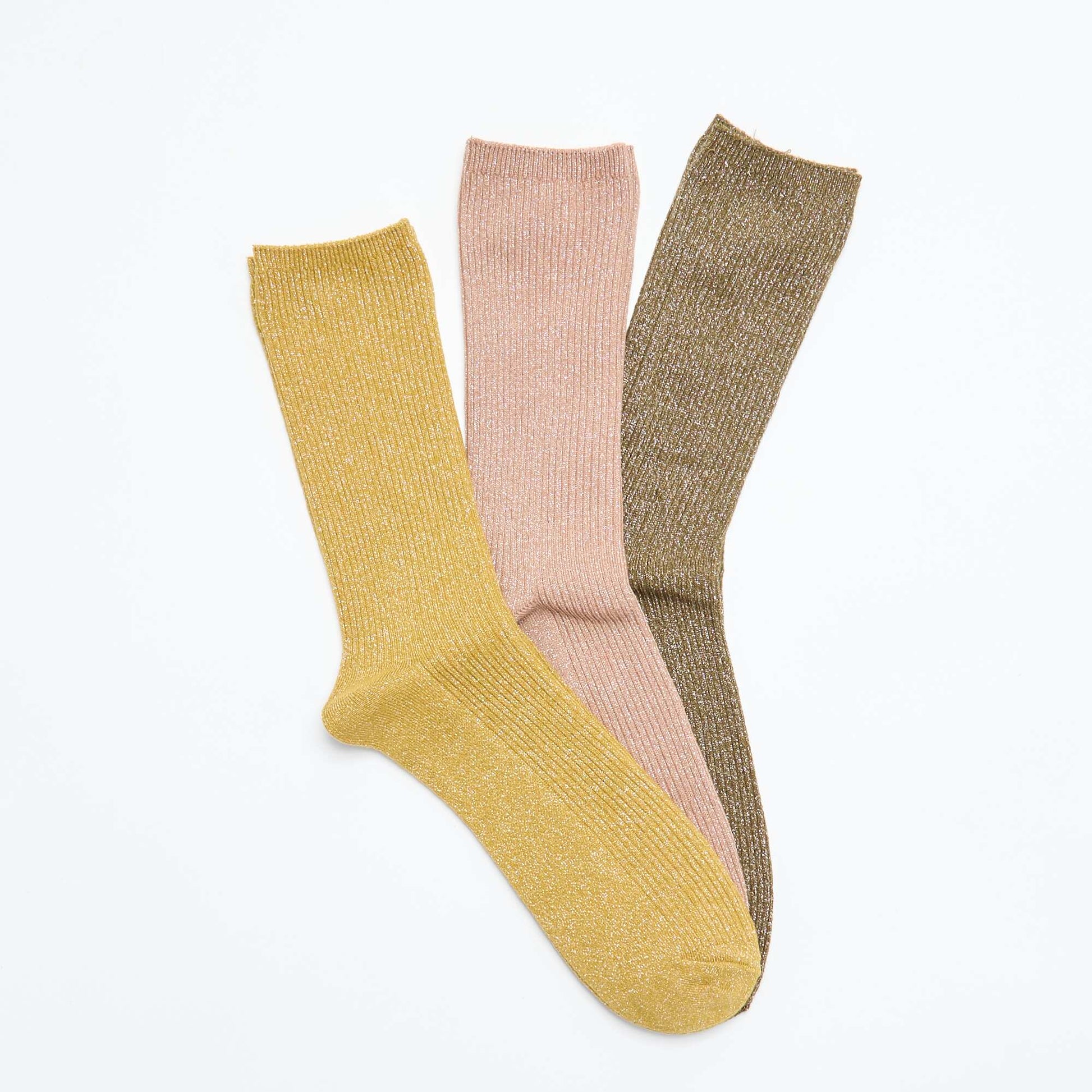 Pack of 3 pairs of glitter mid-calf socks KHAKI