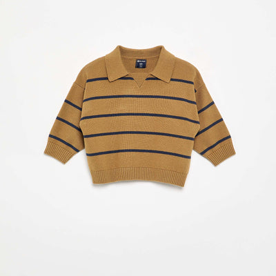 Striped long-sleeve polo sweater BEIGE