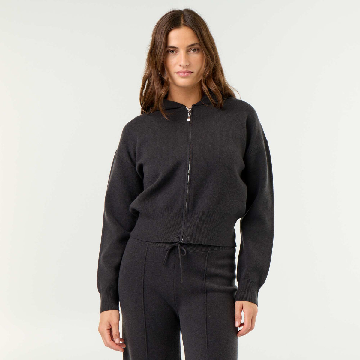 Ottoman Knit Hooded Cardigan BLACK