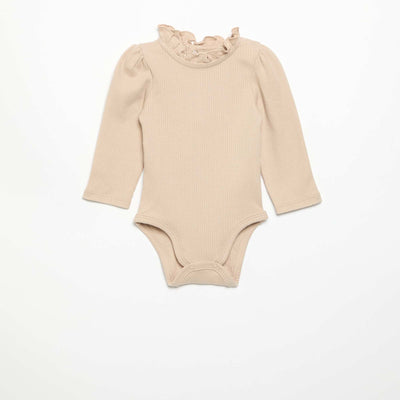 Ribbed Knit Bodysuit with Decorative Collar BEIGE