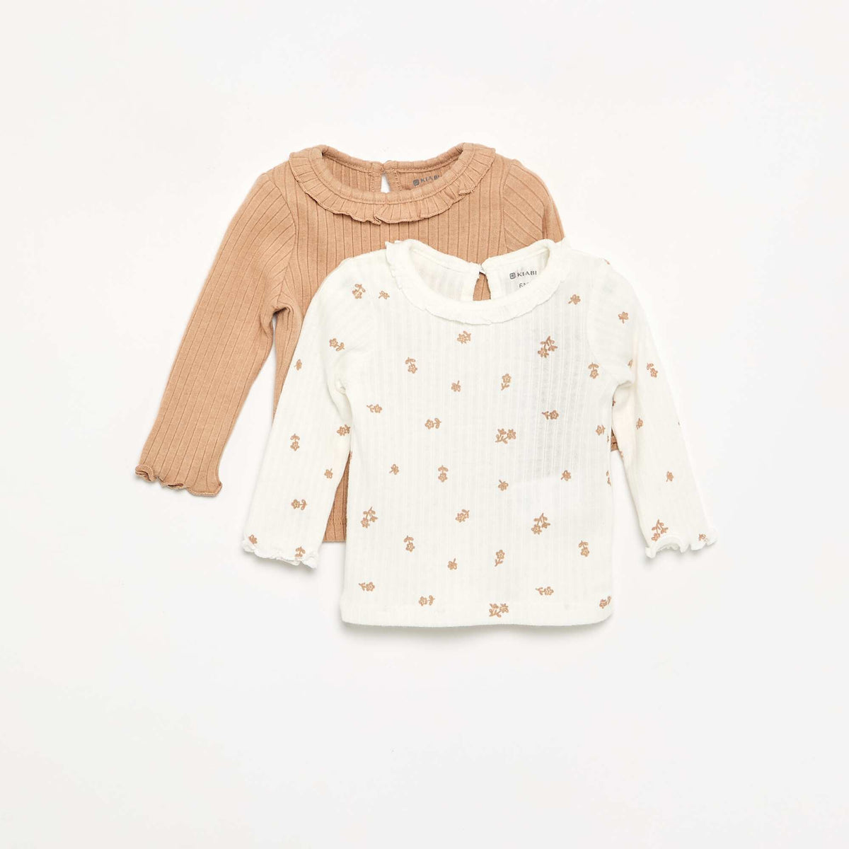 Ribbed T-shirt with ruffled collar and cuffs BEIGE
