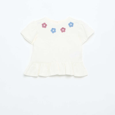 Short-sleeved T-shirt with embroidery and ruffled hem WHITE