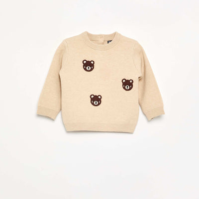 Compact Knit Sweater with Animal Embroideries BEIGE