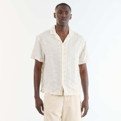 Short-sleeved fancy knit shirt with embroidery BEIGE