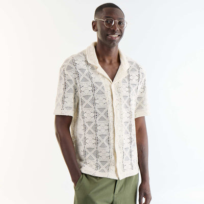 Short-sleeved openwork knit shirt WHITE
